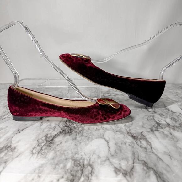 Oscar de la Renta Bordeaux Velvet Flat Ballet Shoes 38.5 US 8 Burgundy Gold - Picture 3 of 7
